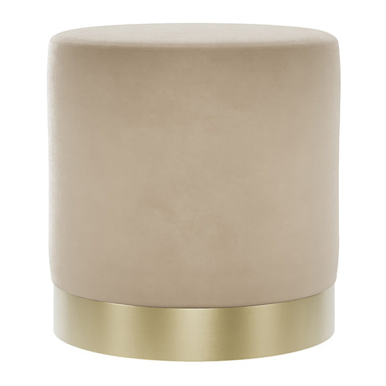 Lara Small Round Velvet Pouffe In Beige With Brushed Gold Base