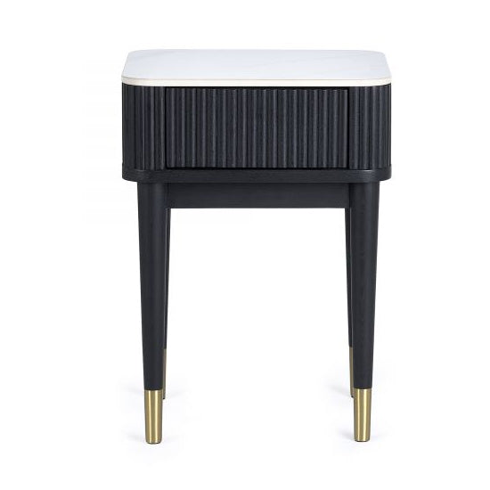 Louis Wooden Fluted Stone Top Lamp Table With Drawer In Black Ash