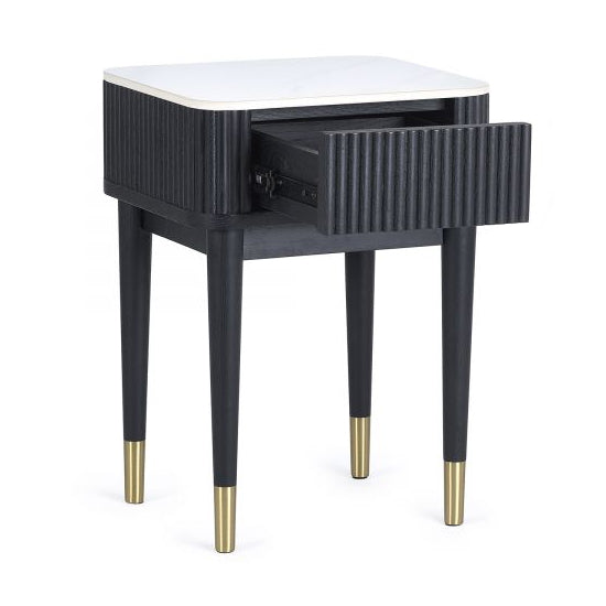 Louis Wooden Fluted Stone Top Lamp Table With Drawer In Black Ash