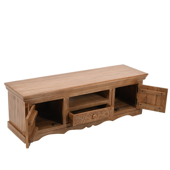 Artwork Solid Mango Wood TV Stand With 2 Doors 1 Drawer In Oak