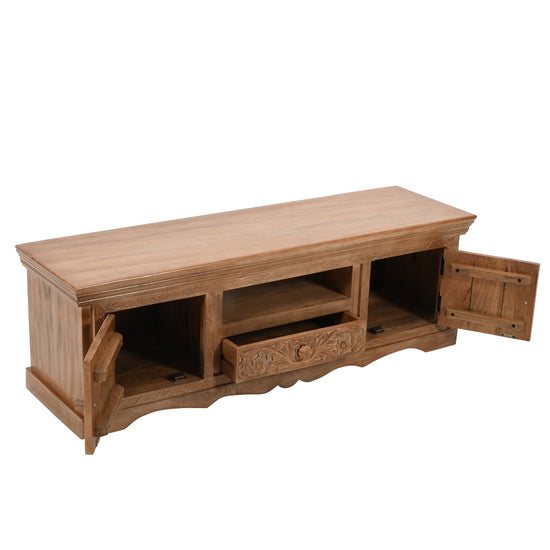 Artwork Solid Mango Wood TV Stand With 2 Doors 1 Drawer In Oak