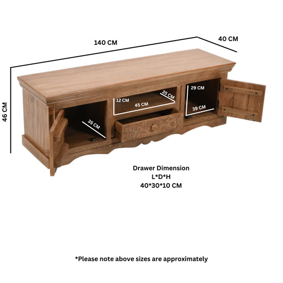 Artwork Solid Mango Wood TV Stand With 2 Doors 1 Drawer In Oak