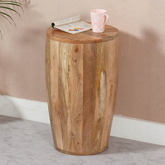 Surrey Solid Mango Wood Drum Side Table In Rough Swan