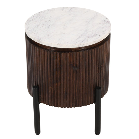 Opal White Marble Top And Mango Wood Side Table In Dark Mahogany