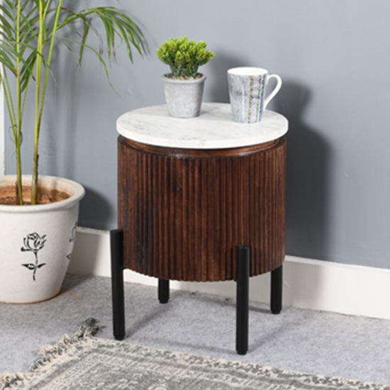 Opal White Marble Top And Mango Wood Side Table In Dark Mahogany