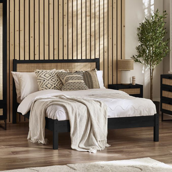 Padstow Wooden Rattan Double Bed In Black