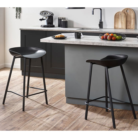 Renzo Black Plastic Bar Stools With Metal Legs In Pair