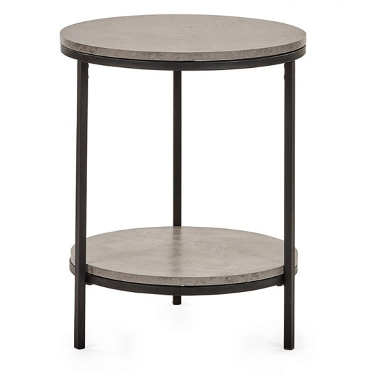 Staten Circular Wooden Lamp Table With Shelf In Concrete Effect