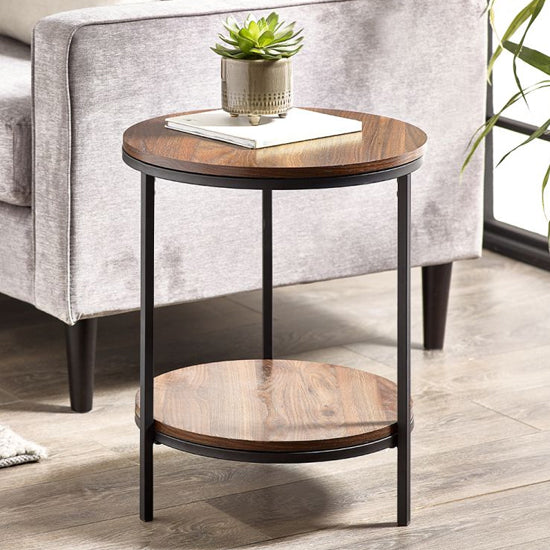 Tribeca Circular Wooden Lamp Table With Shelf In Walnut