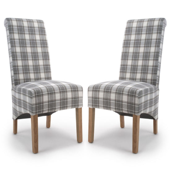 Krista Roll Back Cappuccino Check Herringbone Fabric Dining Chairs In Pair