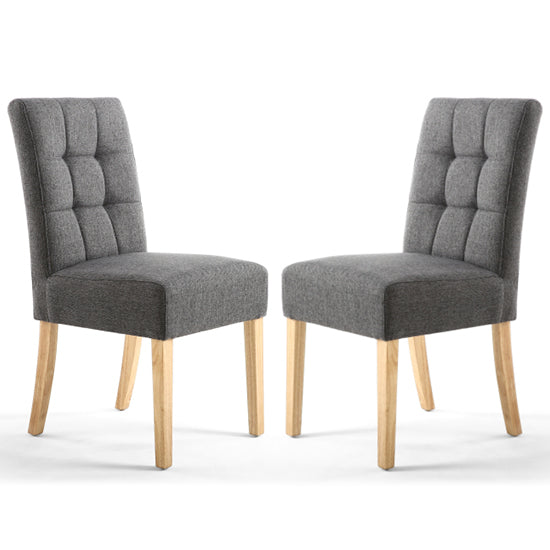 Moseley Stitched Waffle Steel Grey Linen Effect DIning Chairs With Natural Legs In Pair