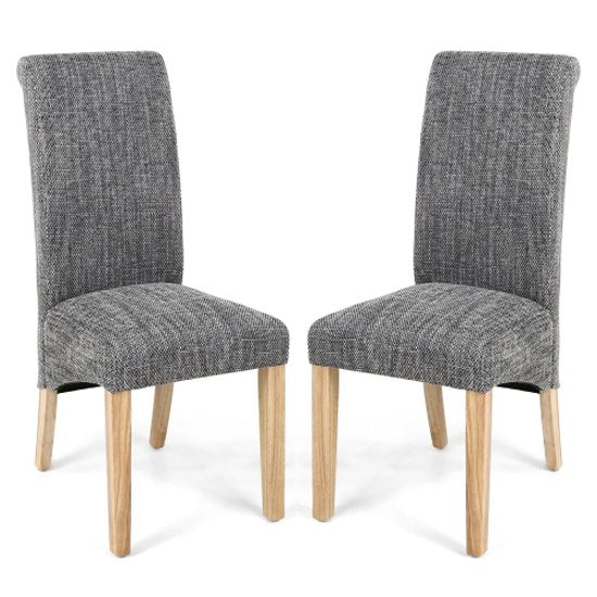 Karta Tweed Grey Weave Scroll Back Fabric Dining Chairs In Pair