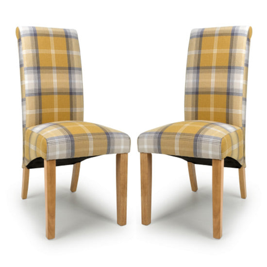 Karta Yellow Checks Scroll Back Fabric Dining Chairs In Pair