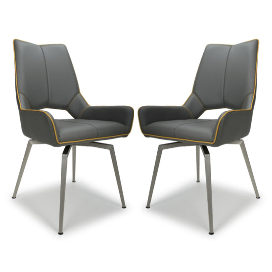 Mako Swivel Graphite Grey Leather Effect Dining Chairs In Pair