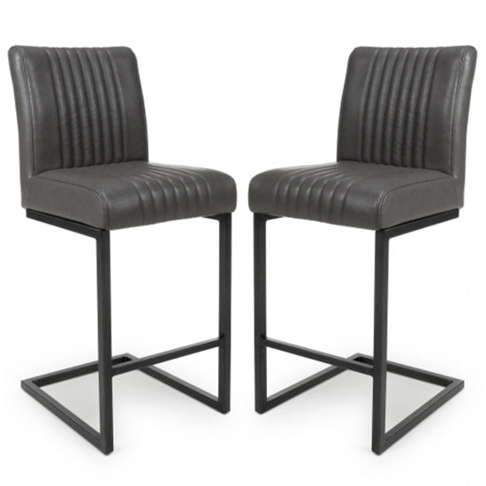 Archer Cantilever Grey Leather Effect Bar Chairs In Pair