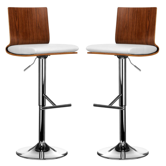 Sotres White Leather And Walnut Wooden Seat Bar Stools In Pair