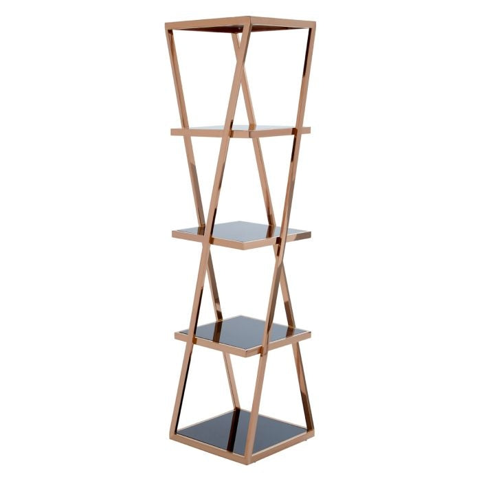 Axminster 5 Tier Black Glass Shelving Unit In Rose Gold Stainless Steel Frame