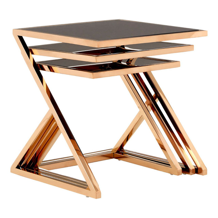 Ackley Black Glass Nest Of 3 Tables With Rose Gold Z Shape Frame