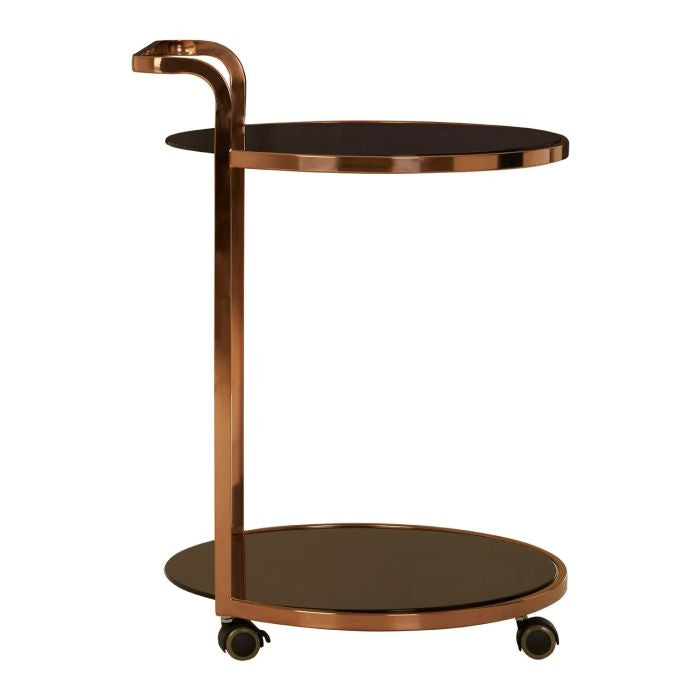 Axminster 2 Tier Black Glass Drinks Trolley With Rose Gold Stainless Steel Frame