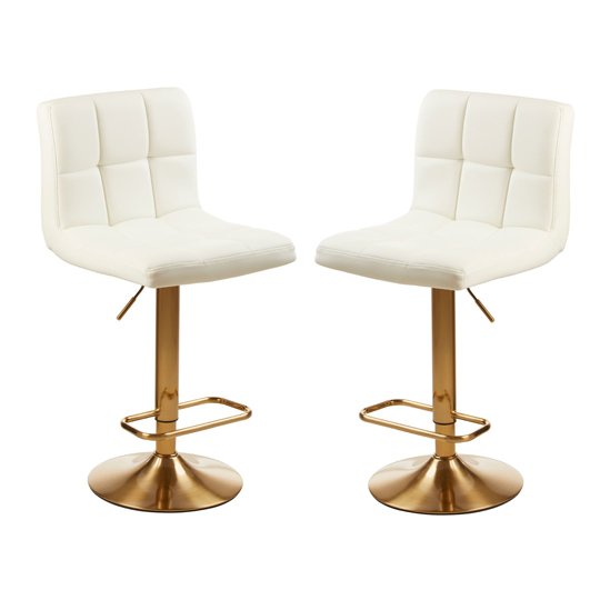 Baina Faux Leather Seat Bar Stool In White With Gold Base In Pair