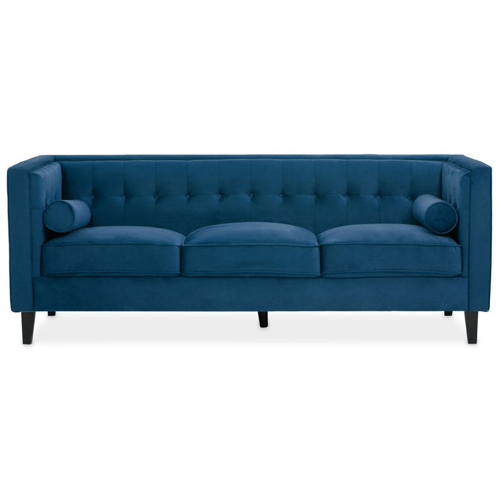 Helia Textile Velvet Sofa In Blue With Black Metal Legs