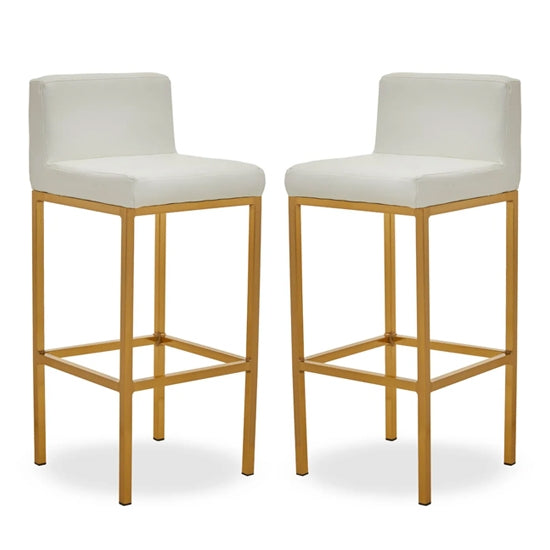 Bolney White Faux Leather Bar Chairs With Gold Metal Base In Pair