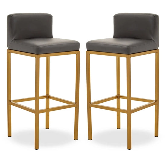 Bolney Grey Faux Leather Bar Chairs With Gold Metal Base In Pair