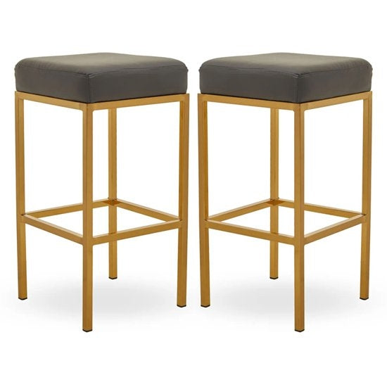 Bolney Grey Faux Leather Bar Stools With Gold Metal Base In Pair