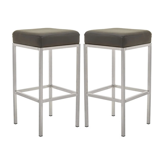 Bolney Grey Faux Leather Bar Stools With Chrome Metal Base In Pair