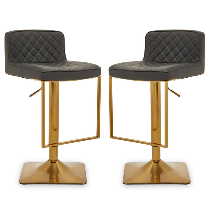 Baian Dark Grey Leather Effect Bar Stools With Gold Base In Pair