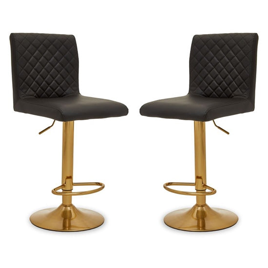 Bowburn Gas-lift Black Faux Leather Bar Stools With Gold Base In Pair