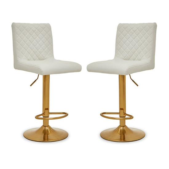 Bowburn Gas-lift White Faux Leather Bar Stools With Gold Base In Pair