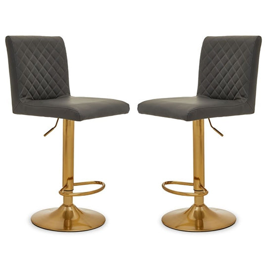 Bowburn Gas-lift Dark Grey Faux Leather Bar Stools With Gold Base In Pair