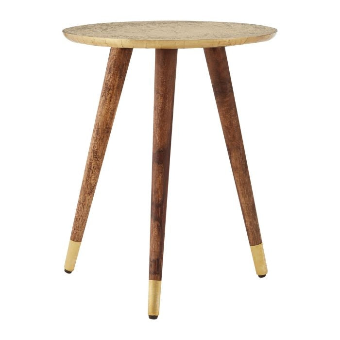 Baird Round Sheesham Wood Carve Side Table In Gold