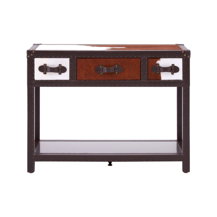 Konsek Cowhide Leather Wooden Console Table In Brown And White