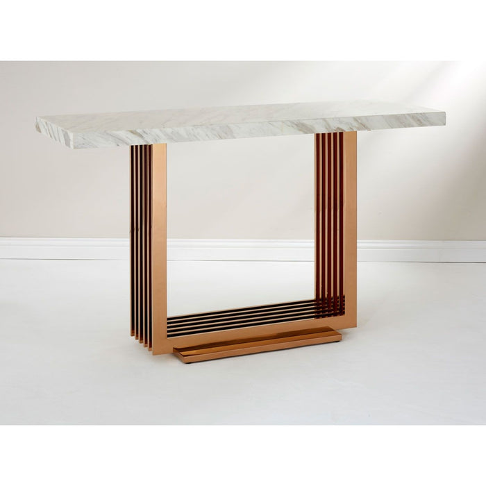 Moda Marble Console Table In White With Rose Gold Base