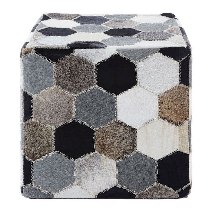 Safira Genuine Leather Patchwork Pouffe In Black And Grey