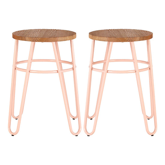 District Wooden Hairpin Stools With Pink Metal Legs In Pair