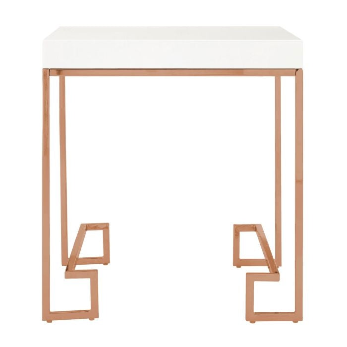 Anaco White High Gloss Wooden End Table With Rose Gold Frame