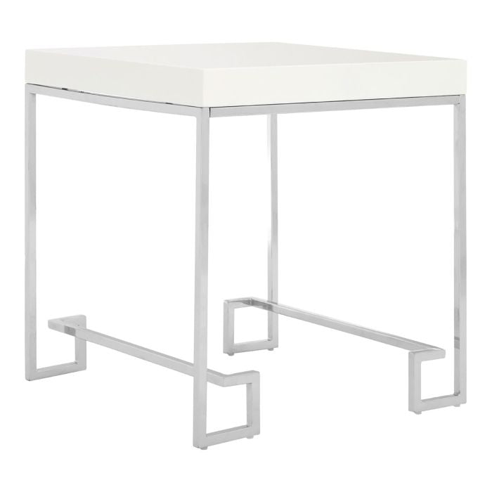 Anaco White High Gloss White Wooden End Table In Chrome Frame