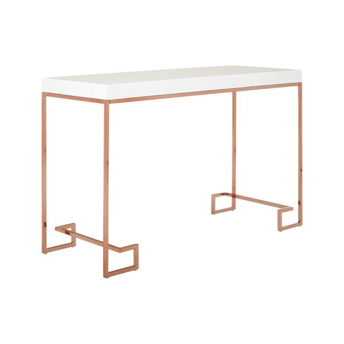 Anaco Wooden Console Table In Wihte High Gloss With Rose Gold Frame