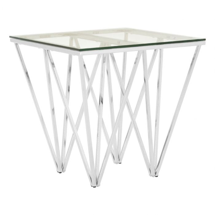 Anaco Clear Glass Top End Table With Chrome Triangular Metal Base