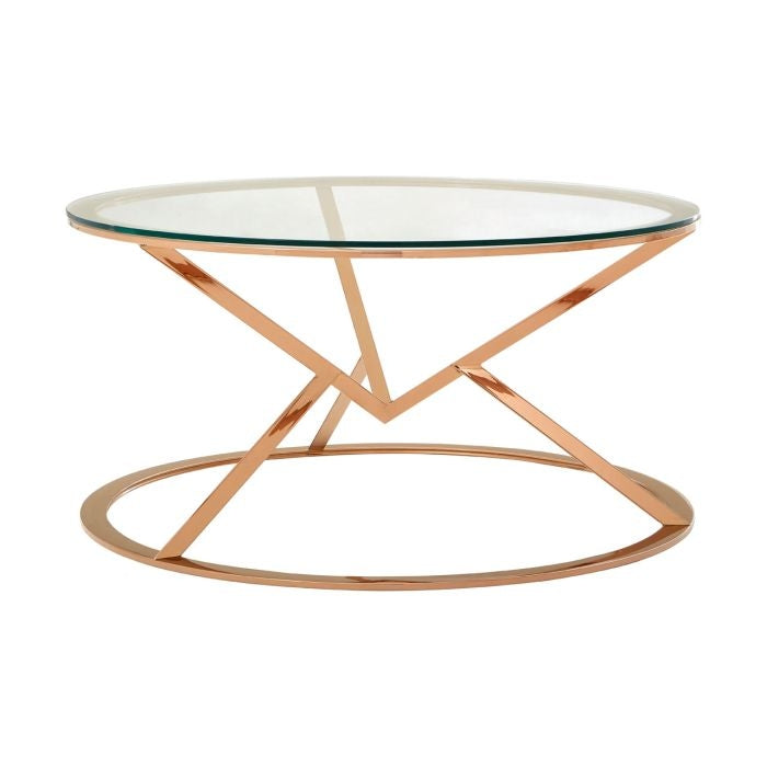 Anaco Round Corseted Glass Coffee Table With Rose Gold Base