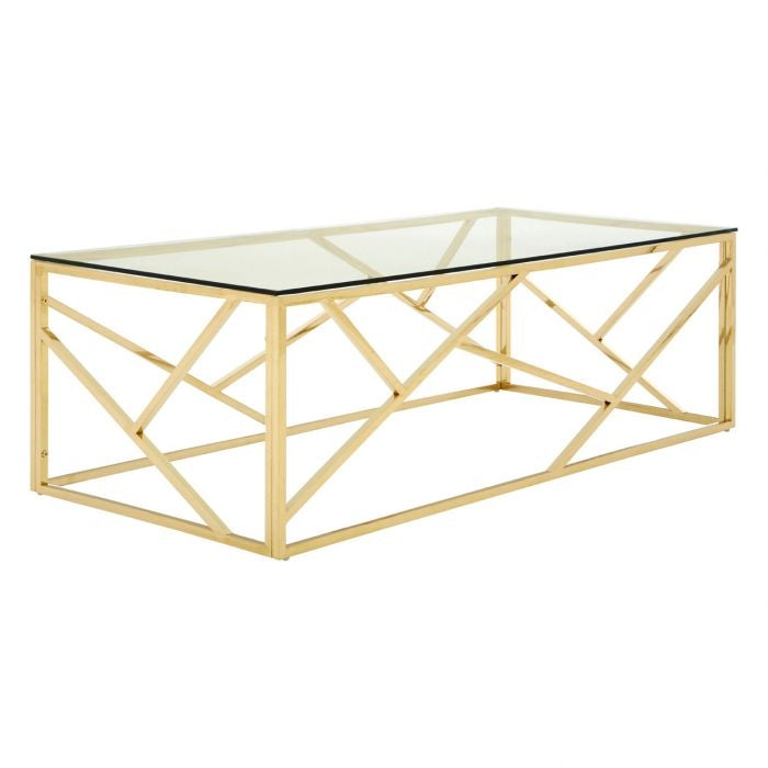 Anaco Clear Glass Coffee Table With Champagne Gold Geometric Frame