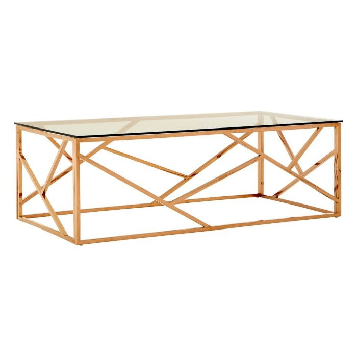 Anaco Glass Top Coffee Table In Rose Gold Geometric Stainless Steel Frame