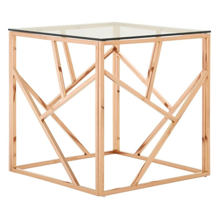 Anaco Glass Top Side Table In Rose Gold Geometric Stainless Steel Frame