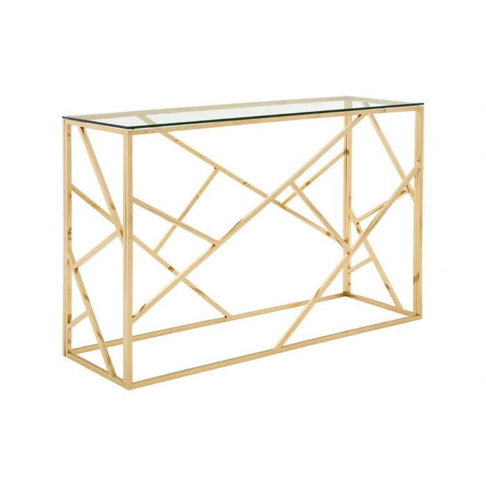 Anaco Clear Glass Console Table With Champagne Gold Geometric Frame