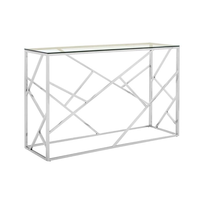 Anaco Clear Glass Console Table In Silver Geometric Stainless Steel Frame