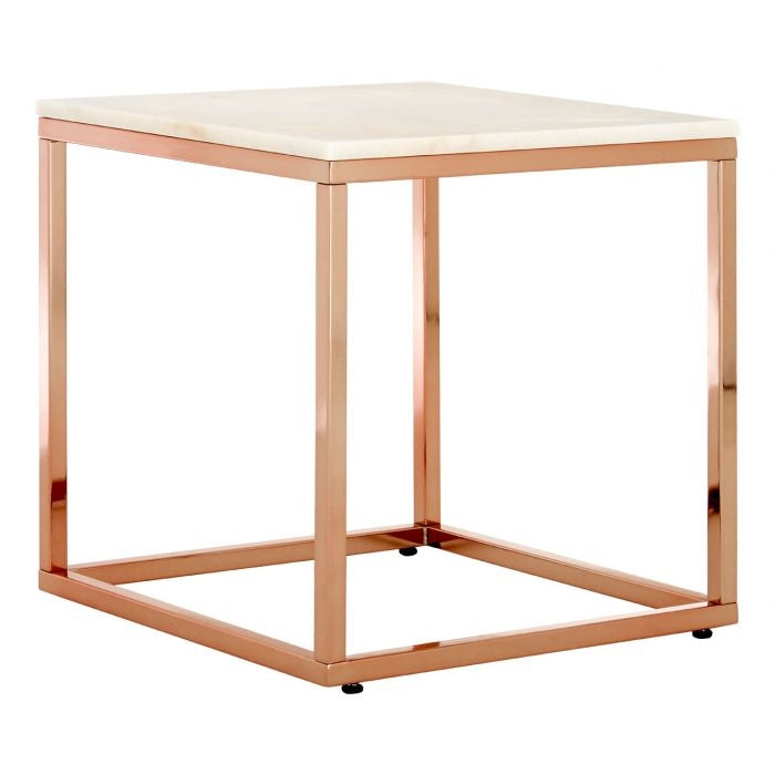 Anaco Square White Marble Top End Table With Rose Gold Frame