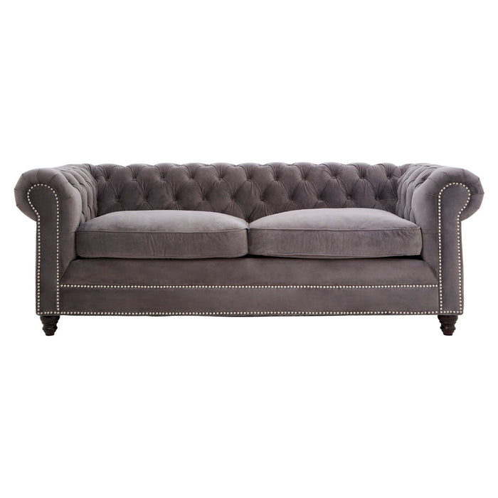 Stella Polyester Velvet 3 Seater Sofa In Grey With Carved Wooden Feets